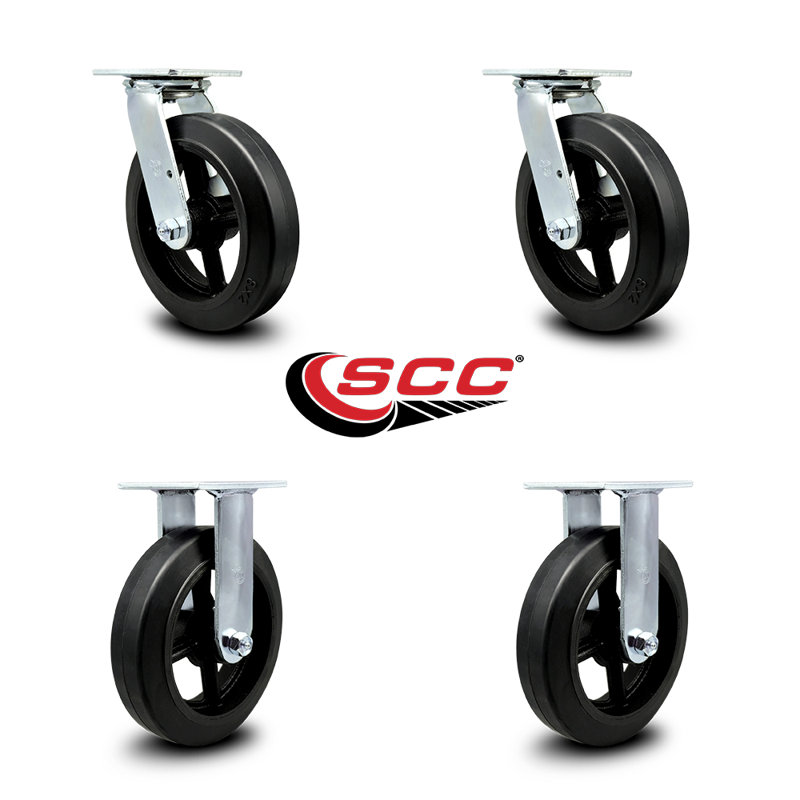 8 Inch Rubber on Steel Caster Set with Roller Bearings 2 Swivel 2 Rigid SCC