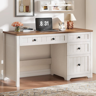 Farmhouse Executive Desk With 4 Drawers, Home Office Desk With File Drawer, Wood Computer Desk With Storage