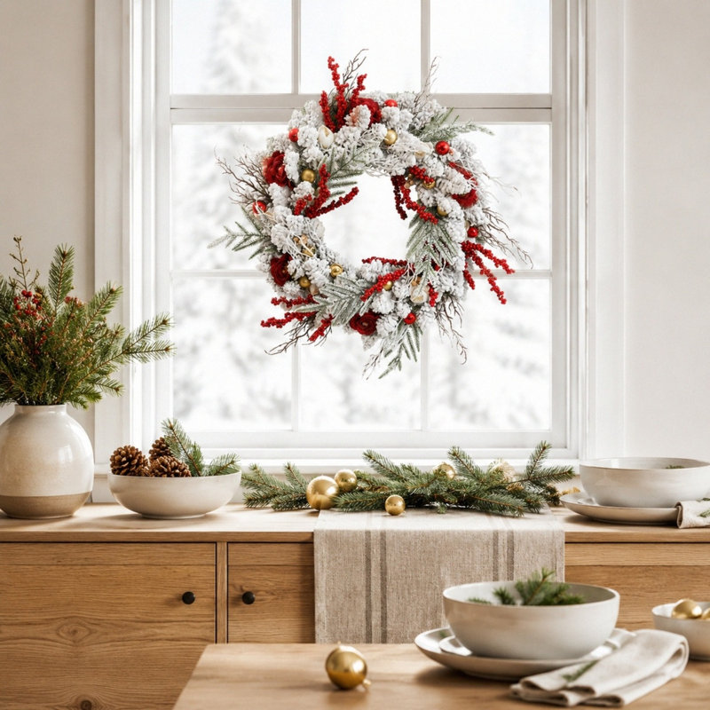 Couronne de Noël enneigée 17,7 pouces avec roses rouges et baies, décor de porte de vacances d'hiver