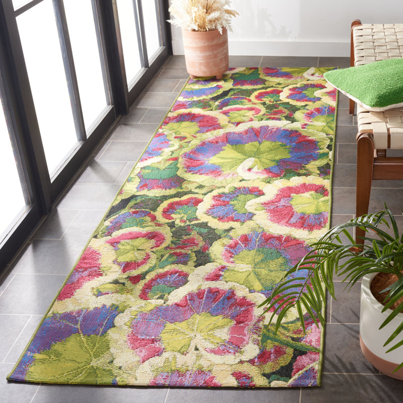 Tapis noir / vert / mauve en polypropylène tissé à la machine Arainna Makenize, Tapis de couloir 2 pi 8 po x 8 pi