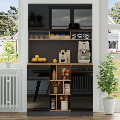 105×45×185cm Kitchen Cabinet Buffet Sideboard, High-Gloss Doors, 1 Drawer, 5 Cabinets, Adjustable Shelves for Kitchen Dining Room Living Room
