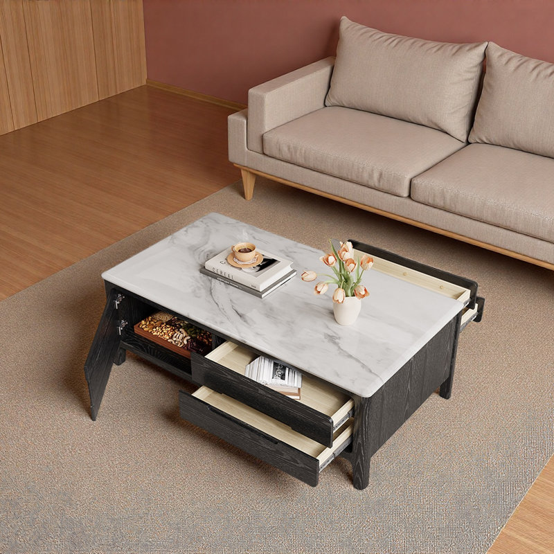 Table basse en bois Ultra Crystal Stone, H 19,7 po x L 55,1 po x P 31,5, Blanc, Noir