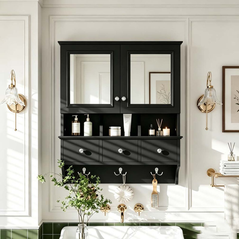 4-in-1 Bathroom Mirror Cabinet, 24-inch Wall Mounted Medicine Cabinet with Drawers, Black