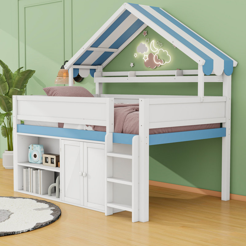 Full-Size Loft Bed With House-Inspired Canopy Roof, Built-In Storage, White/Blue