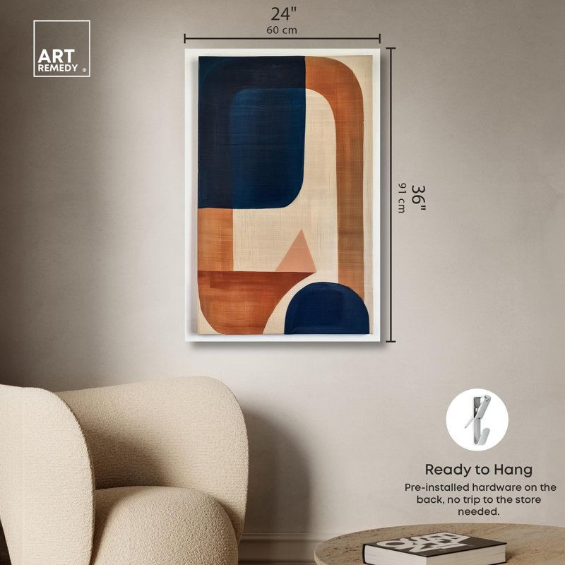 Blue With Cream Canvas Midcentury Abstract Wall Art by Art Remedy, Black Framed, 25" H x 17" W