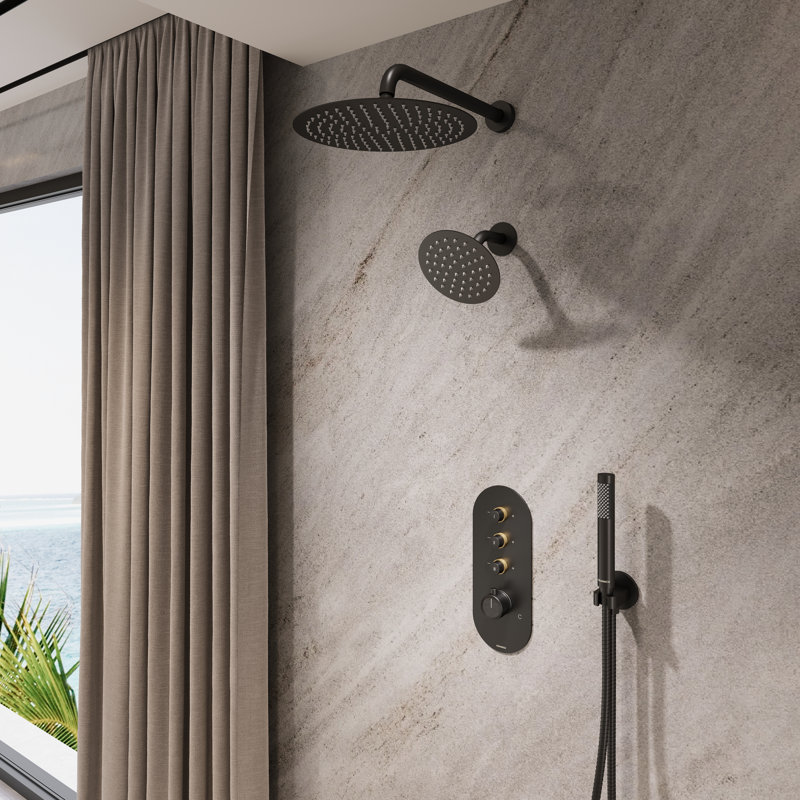 Angelsey Thermostatic Shower System with Push-Button Valve, Dual Shower Head and Hand Shower , Matte Black/Brushed Gold