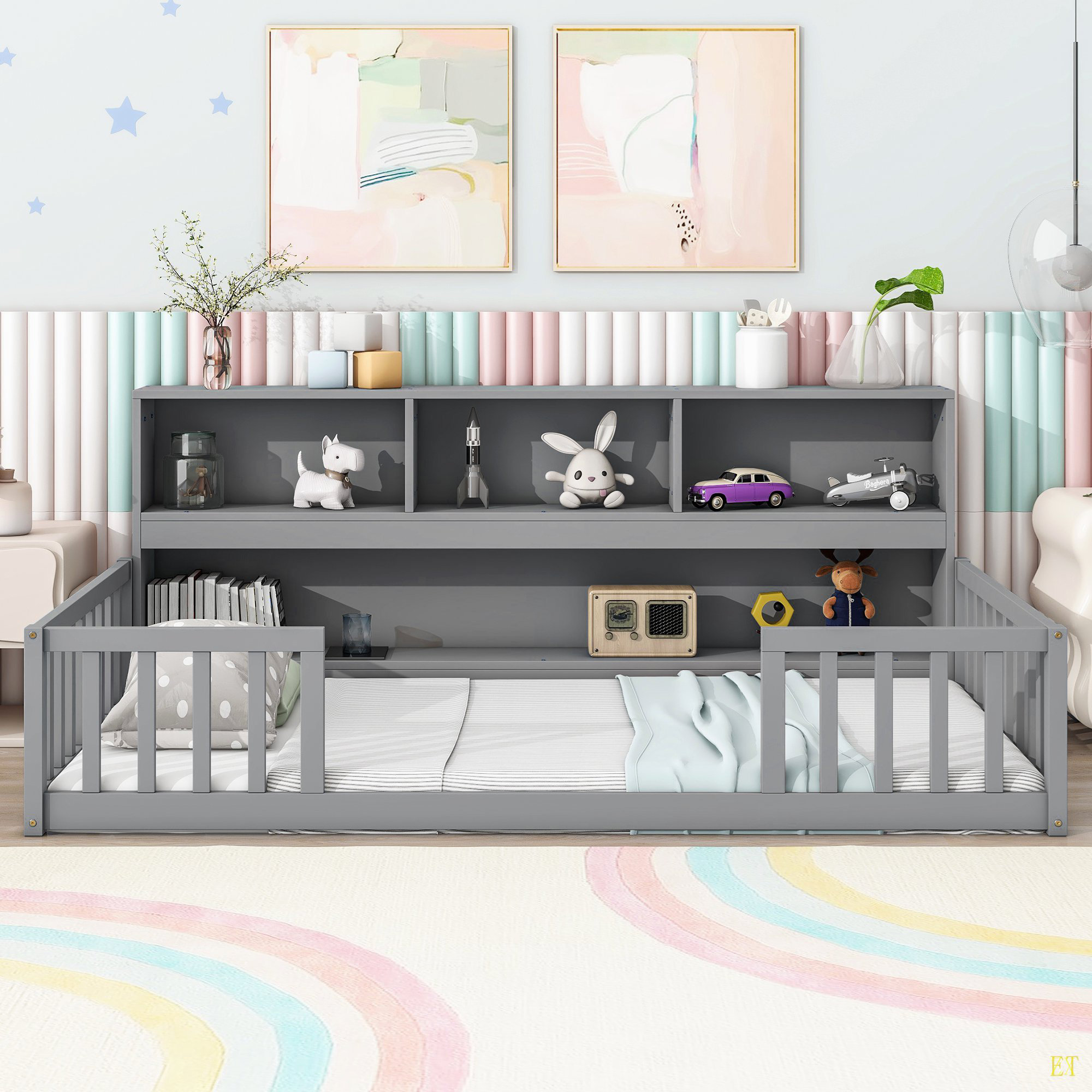 Latitude Run® Floor Bed With Bedside Bookcase,Shelves,Guardrails | Wayfair