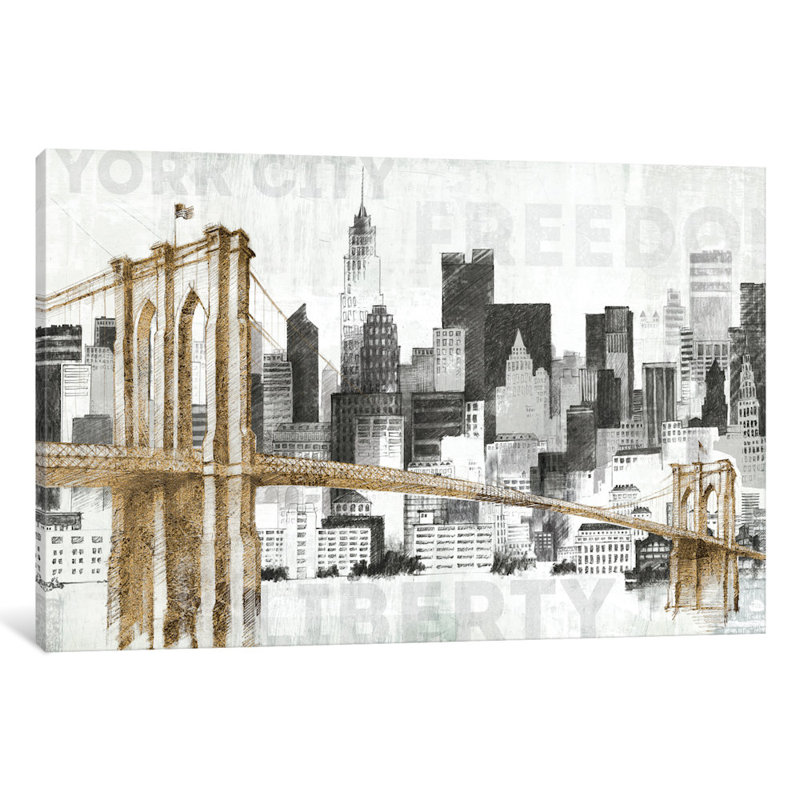 «New York Skyline I», reproduction d'art sur toile tendue, Papier d'art encadré noir, Blanc, H 24 po x l 32 po x P 1 po