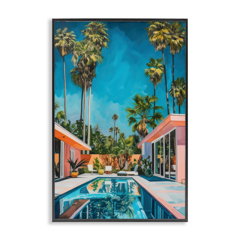 Maison côtière et palmiers, estampe numérique, design par LSR Design Studio, H 18 po x l 12 po, Giclée encadrée noir minuit