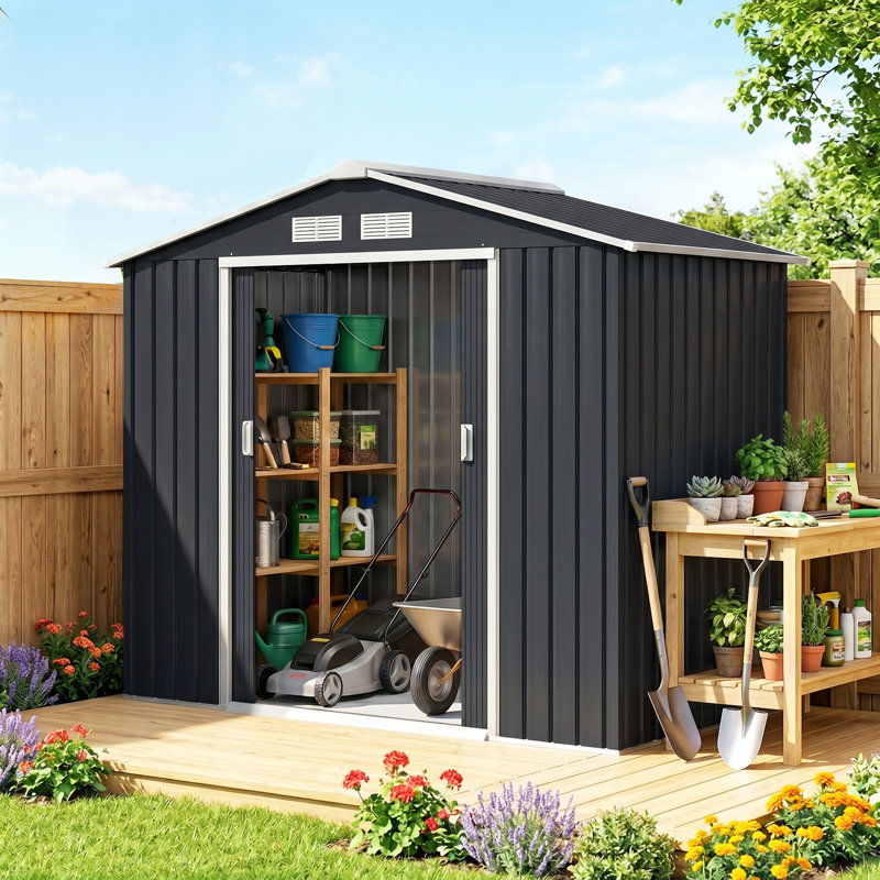 Outsunny 7 x 4ft Metal Garden Shed Waterproof Foundation Kit Dark Grey