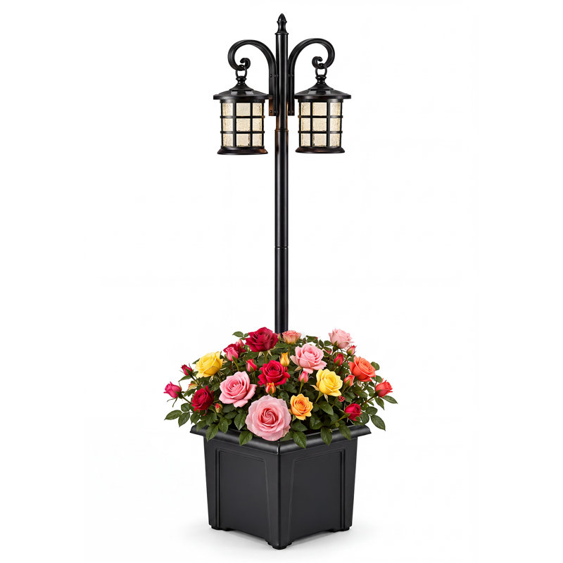 2-Head Solar Lamp Post with Planter, Crackle Glass
