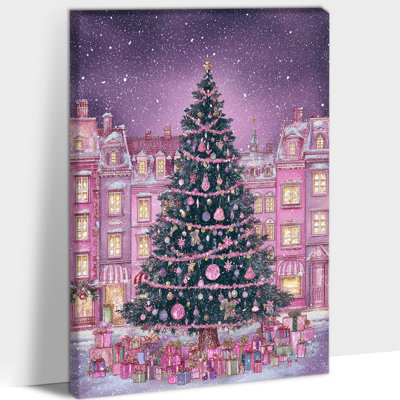 Art mural sur toile arbre de Noël - Winter Town Christmas, décoration murale, impressions de Noël rétro, peintures murales des Fêtes pour le salon, toile tendue avec cadre, 20 po x 30 po