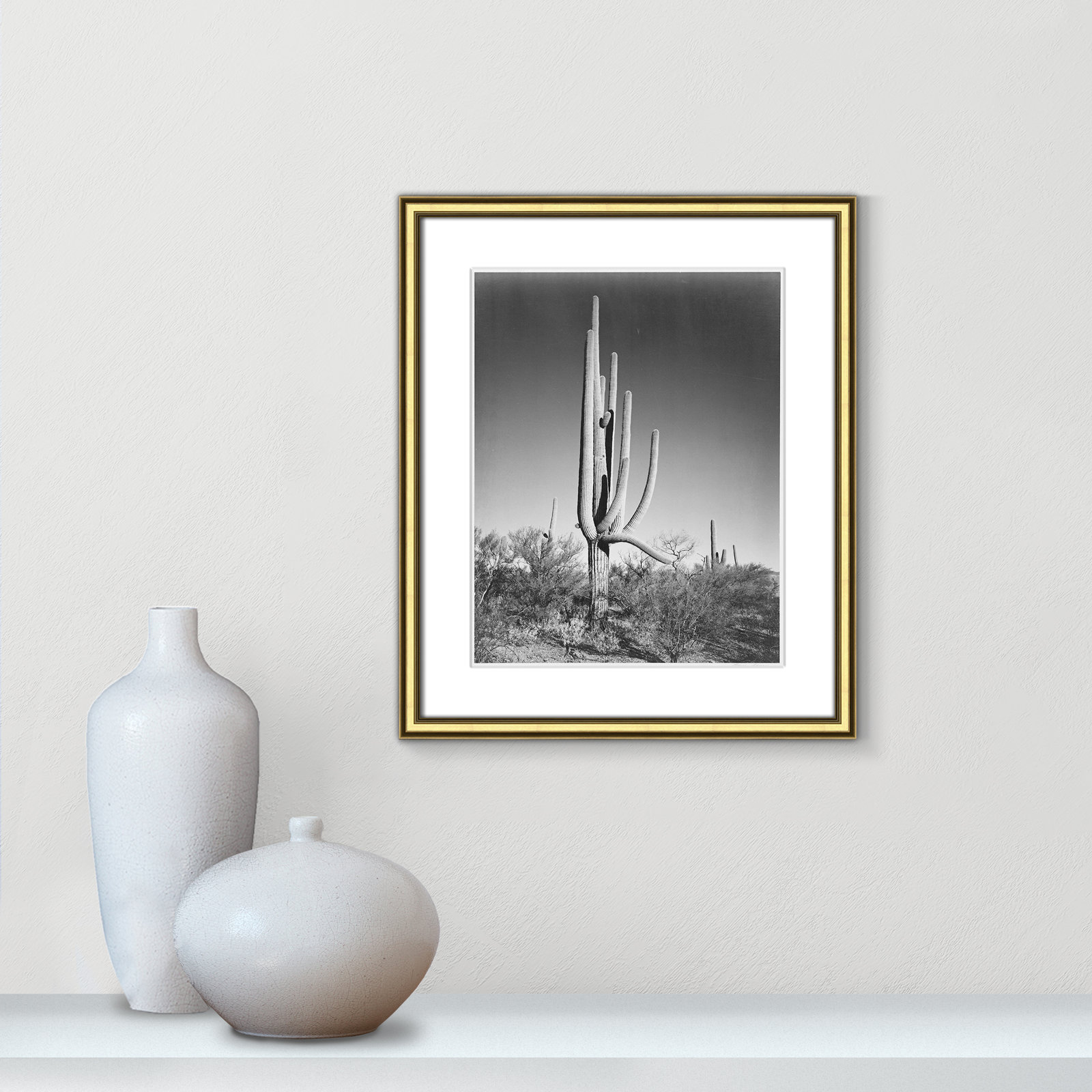 Cactus In Saguaro National Monument In Arizona by Ansel Adams, Gold , 20.25" H x 17.25" W x 0.88" D