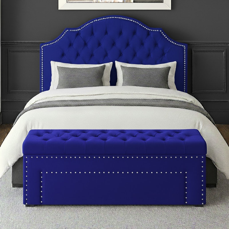 Duke Ottoman Storage Box - Chesterfield Upholstered Blanket Box - Plush Velvet Ottoman Bench with Storage, Sapphire Blue