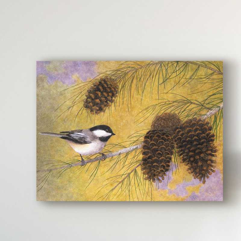 «Chickadee in the Pines I» par Marcia Matcham - reproduction d'art sur toile, H 24 po x l 32 po x P 2 po