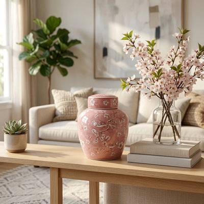Artistic Chinoiserie Ceramic Ginger Jar With Lid For Home Decor - Decorative Floral Storage Tall Jar For Living Room Table Display - 10", Pink & White