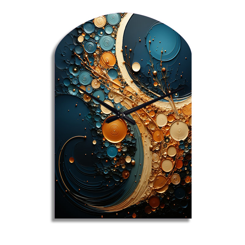 Or bleu sarcelle abstrait Spirals II - horloge murale asymétrique abstraite, Grand