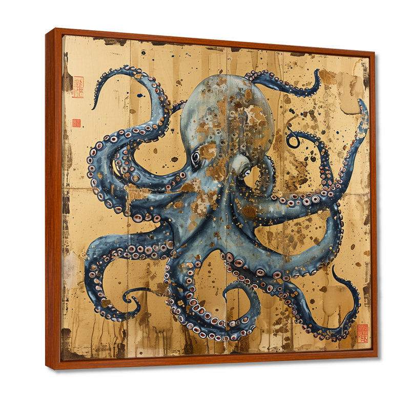 Pieuvre bleue asiatique rétro or - pieuvre / calmar animal, art mural, H 36 po x l 36 po, Toile brune avec cadre flottant