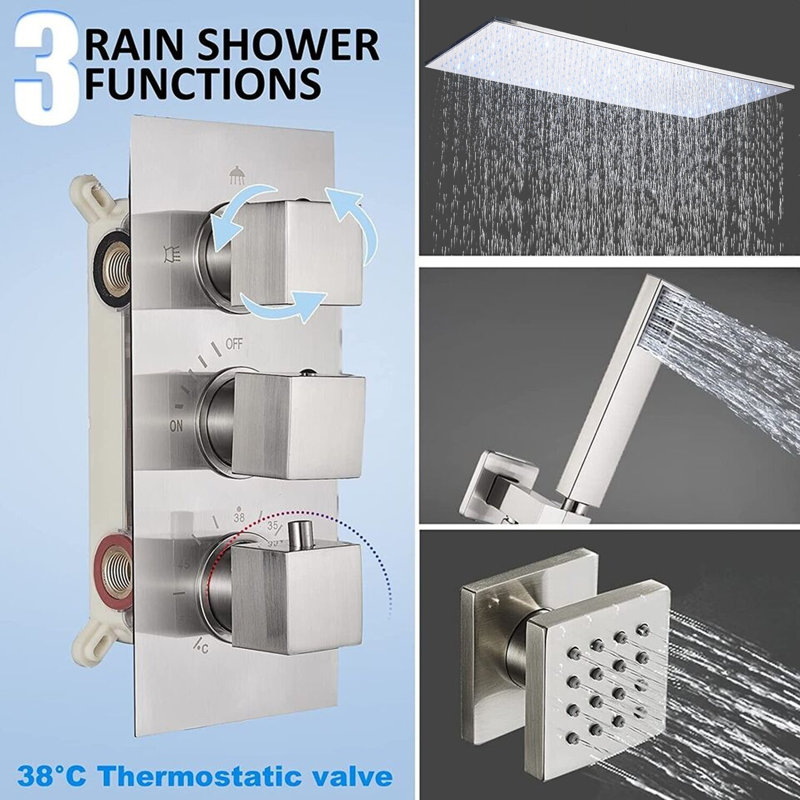Chrome LED Rainfall Shower System with 6 Body Jets, High-Pressure Handheld Shower Head & Thermostatic Mixer Valve, Chrome