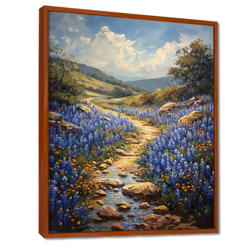 «Blue Bonnets Blue Tranquility Field I» - impression d'art mural bleu, Cadre flottant brun, H 16 po x l 32 po x P 1 po