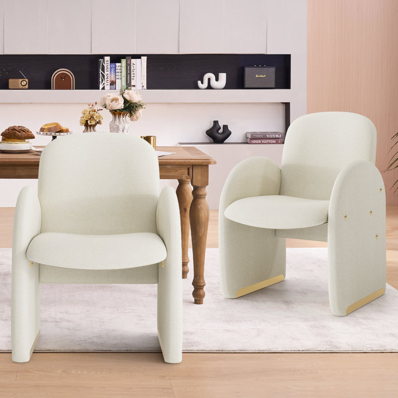 Modern Upholstered Dining Chair Full Back Armchair With Metal Legs, White
