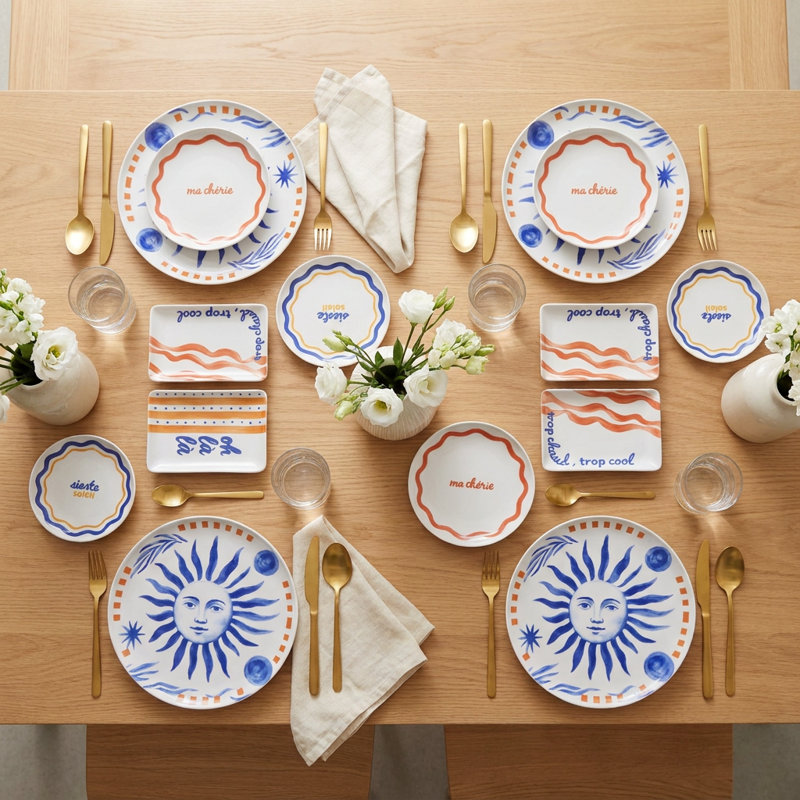 Service de table en porcelaine bleue et rouge Artisanal Soleil (service de 12 pièces pour 4 personnes)