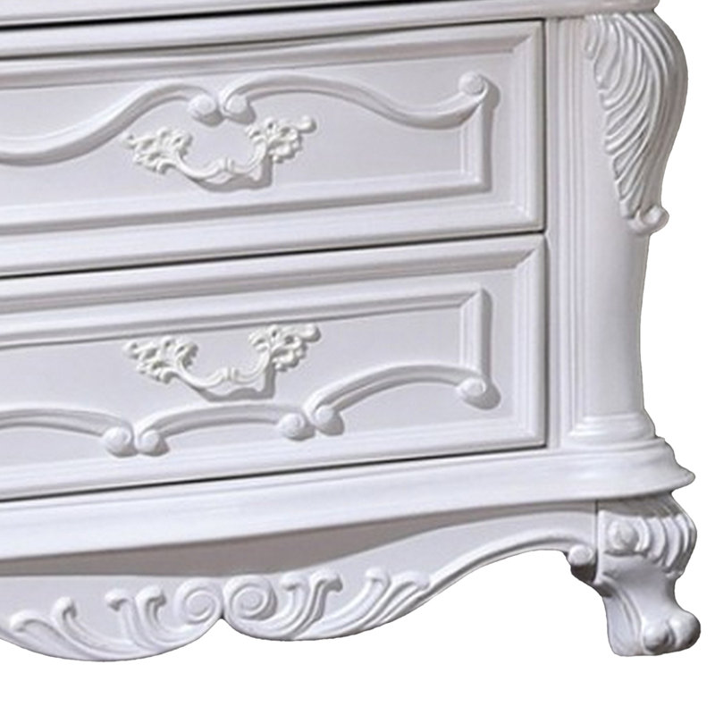 Venta Nightstand With 3 Drawers, 34 Inch, Carved Details, White