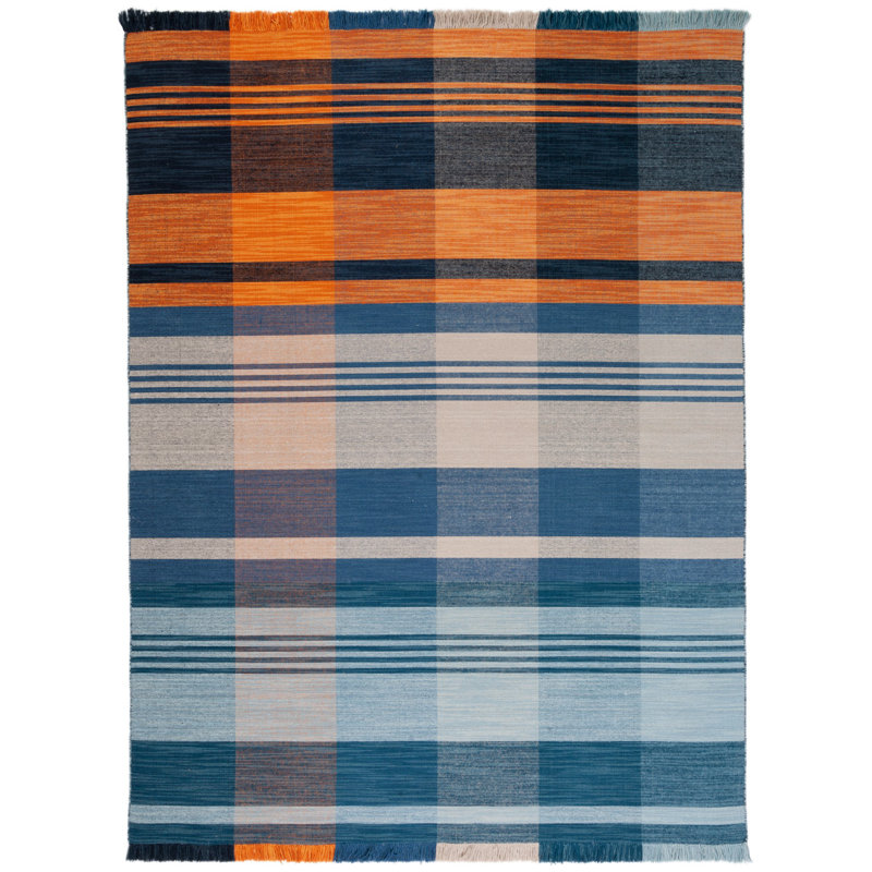Anjail Flat Weave Wool/Cotton Plaid Rug in Orange/Blue, Rectangle 5' x 8'