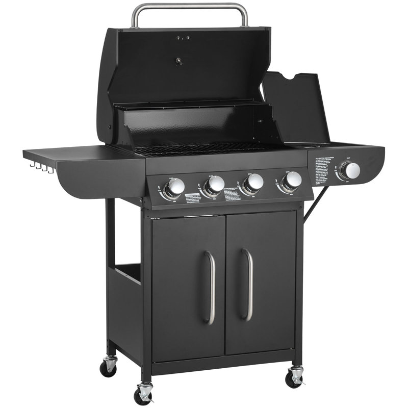 Barbecue au propane à 4 brûleurs avec barbecue extérieur à brûleur latéral en acier au carbone, Noir mat