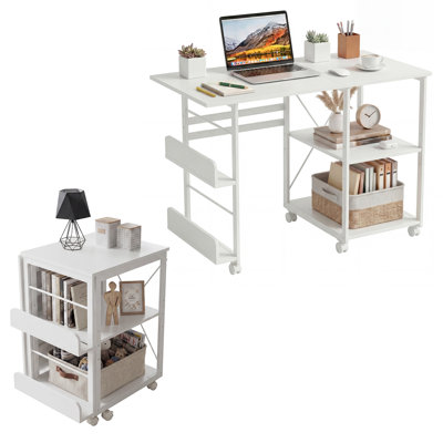 Bureau d'ordinateur pliable à roulettes, table d'écriture mobile et peu encombrante pour bureau à domicile - Étagère de rangement, organisateur latéral, roulettes verrouillables - Blanc