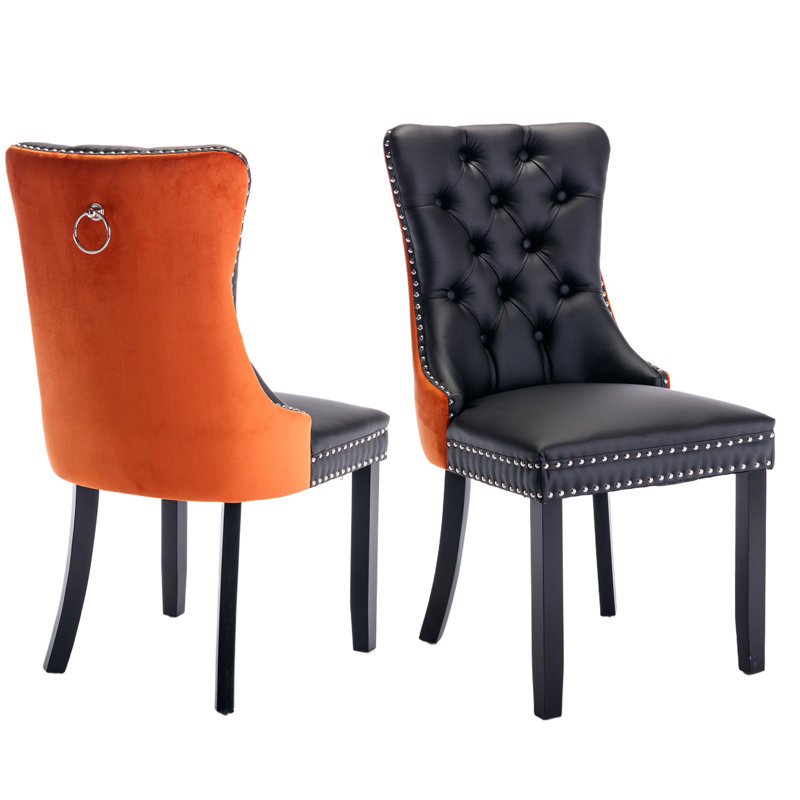 Chaise de salle à manger en velours avec anneau à dossier et pieds en bois massif, 2, Noir / Orange, Noir