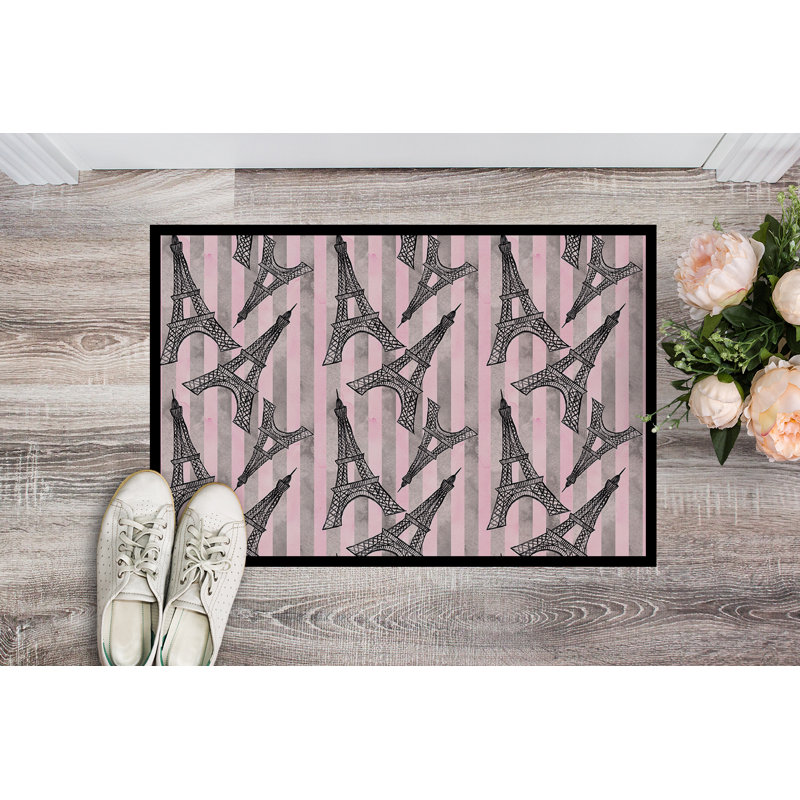 Tapis de porte pour l’extérieur antidérapant tour et rayures eiffel Belinda, H 0,25 po x l 27 po x P 18 po