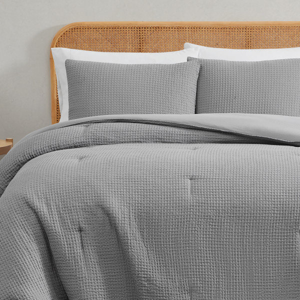 Textured Waffle Weave Comforter Set, Gray, Queen Comforter +2 Standard Shams