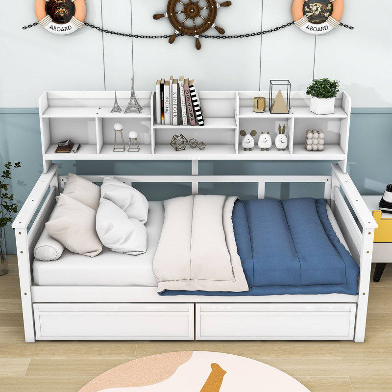 Pierrot Daybed with Two Drawers, Shelves and Slats, White, Twin