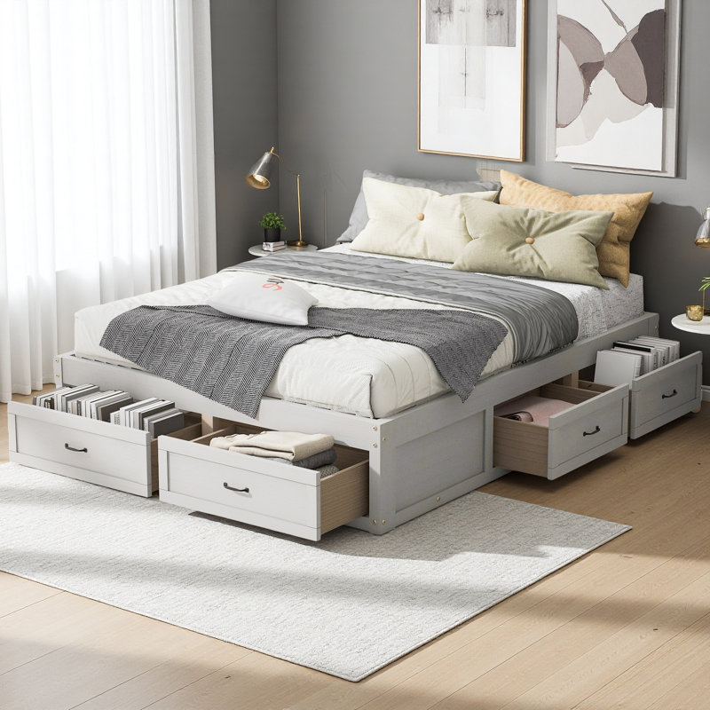 Lit plateforme avec 6 tiroirs de rangement, Grand lit, Blanc antique