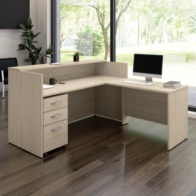 Bureau de réception en L avec piédestal mobile à 3 tiroirs Arrive, Orme naturel
