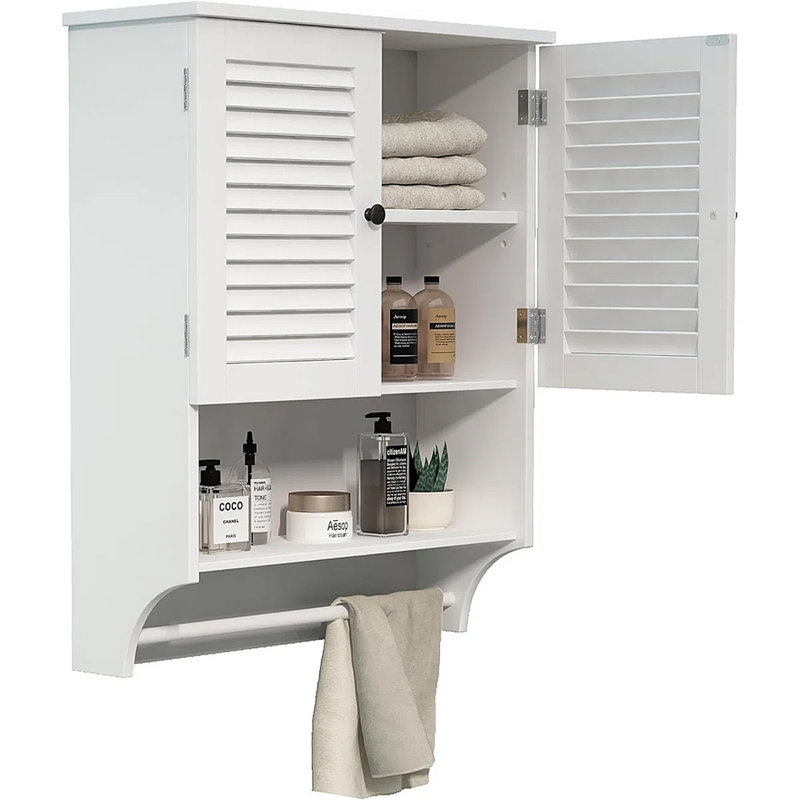 Armoire de salle de bain murale avec portes à persiennes, tablette ouverte, tablettes réglables et barre à serviettes, blanc