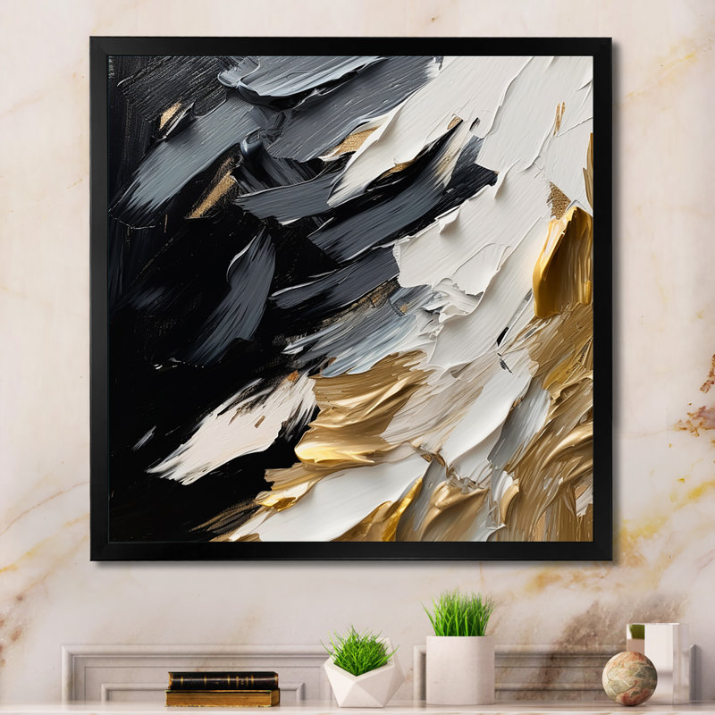 Golden Wave Reflections V - Art mural abstrait grand, Impression noire sur toile encadrée, H 16 po x l 16 po x P 1 po