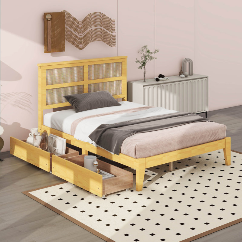Rubber Wooden Bed Frame Full Size With Two Storage Drawers, Full, White Oak