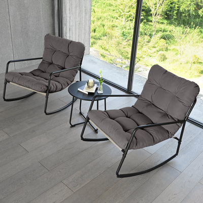 3 Pieces Outdoor Conversation Set, Metal Patio Bistro Set With 2 Outdoor Rocking Chairs And Side Table, Patio Furniture Set With Cushions For Apartmen