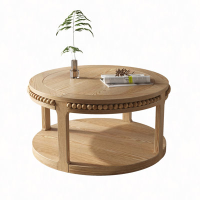 31.5" Round Solid Wood Coffee Table & Sofa Table - Two-Tier Thickened Top, Sturdy Legs, Circle Table For Living Room (Natural Wood)