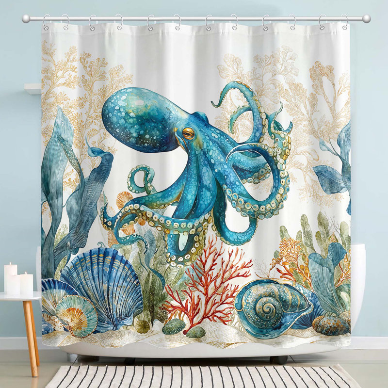 Ensemble de rideau de bain en tissu imperméable avec crochets 72 po x 72 po Funny Ocean Octopus, Pieuvre bleue