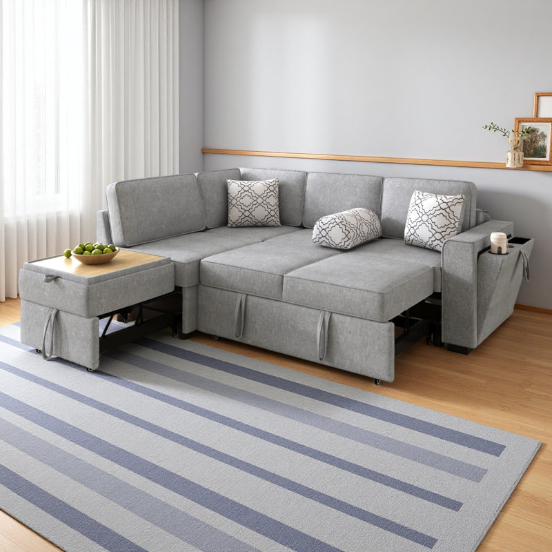 Canapé-lit modulaire convertible en L de L 83,9 po avec couchettes coulissantes doubles, table rabattable, ports USB, porte-gobelet et rangement pour le salon