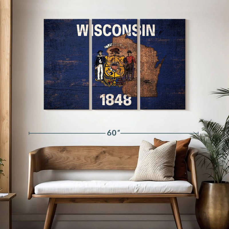 Borges State Map Over Wisconsin Flag, 32" H x 50" W