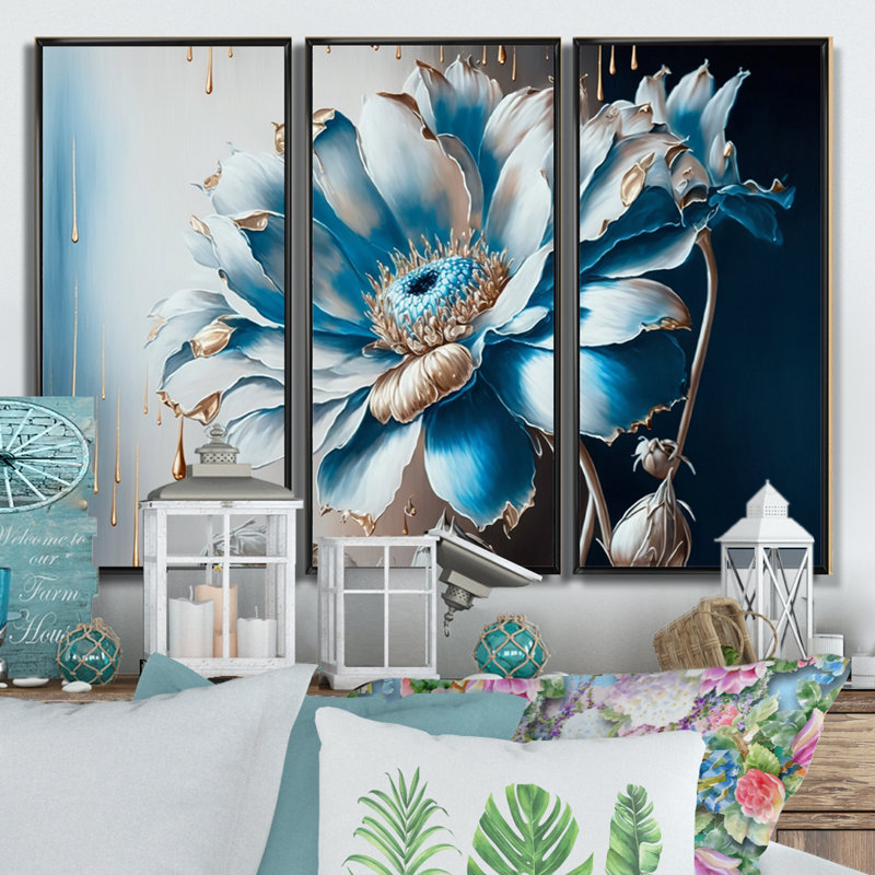 Ice Blue Daisy I - 3 pièces, reproduction sur toile, Noir, H 28 po x l 36 po x P 1 po