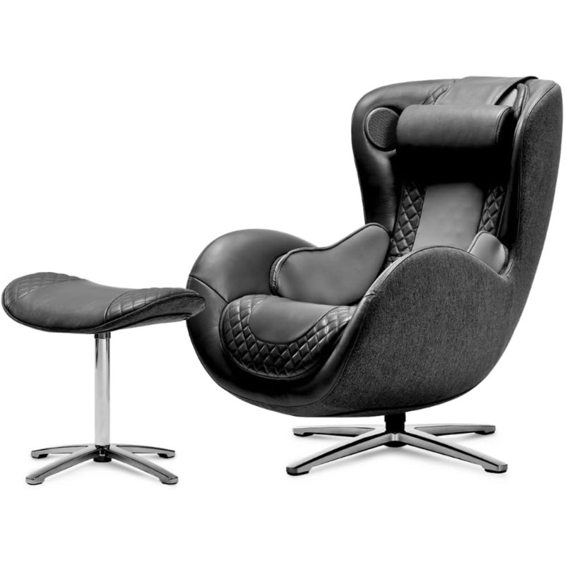 Space Black Leather Swivel Recliner with Ottoman and Massage