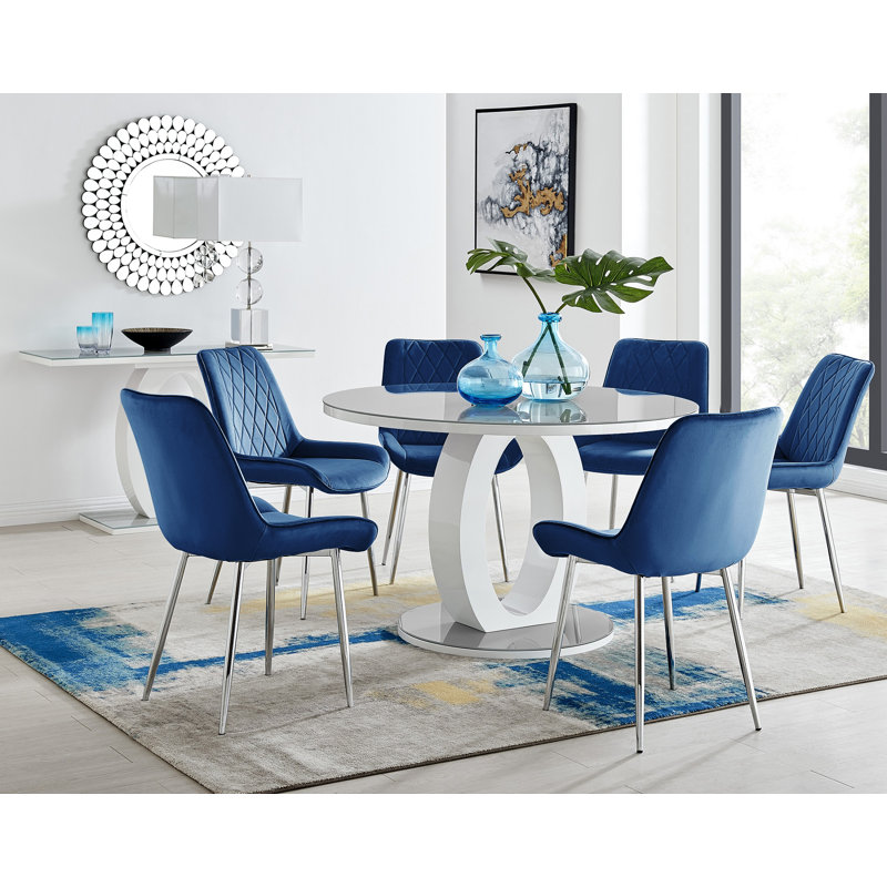 Scottsmoor Modern Halo Seat Round Dining Table Set - 6 Luxury Velvet Mid-Century Upholstered Chairs, Grey, Navy/Silver