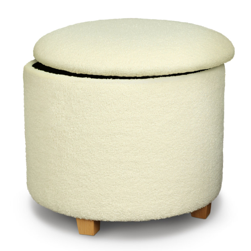 Premium Teddy Footstool | Boucle Storage Ottoman | Foot Stool Living Room | Round Pouffe Stool with Storage on Wooden Feet D45 H41 cm White