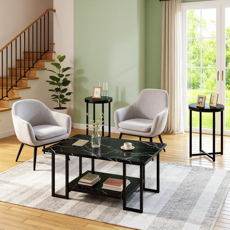 Keiondra 3 - Piece Living Room Table Set, Marble Black
