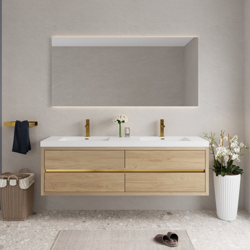 72" Wall-Mounted Bathroom Vanity Floating Double Sink Vanity with Stone Resin Top and Basin, 4 Soft Close Drawers